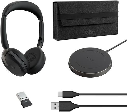 Jabra Evolve2 65 Flex Stereo Wireless (Bluetooth) Headset, MS, USB Type-A with Charging Stand